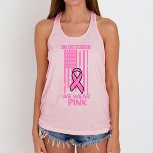 In October We Wear Pink American Flag Support Breast Cancer Great Gift Women's Knotted Racerback Tank