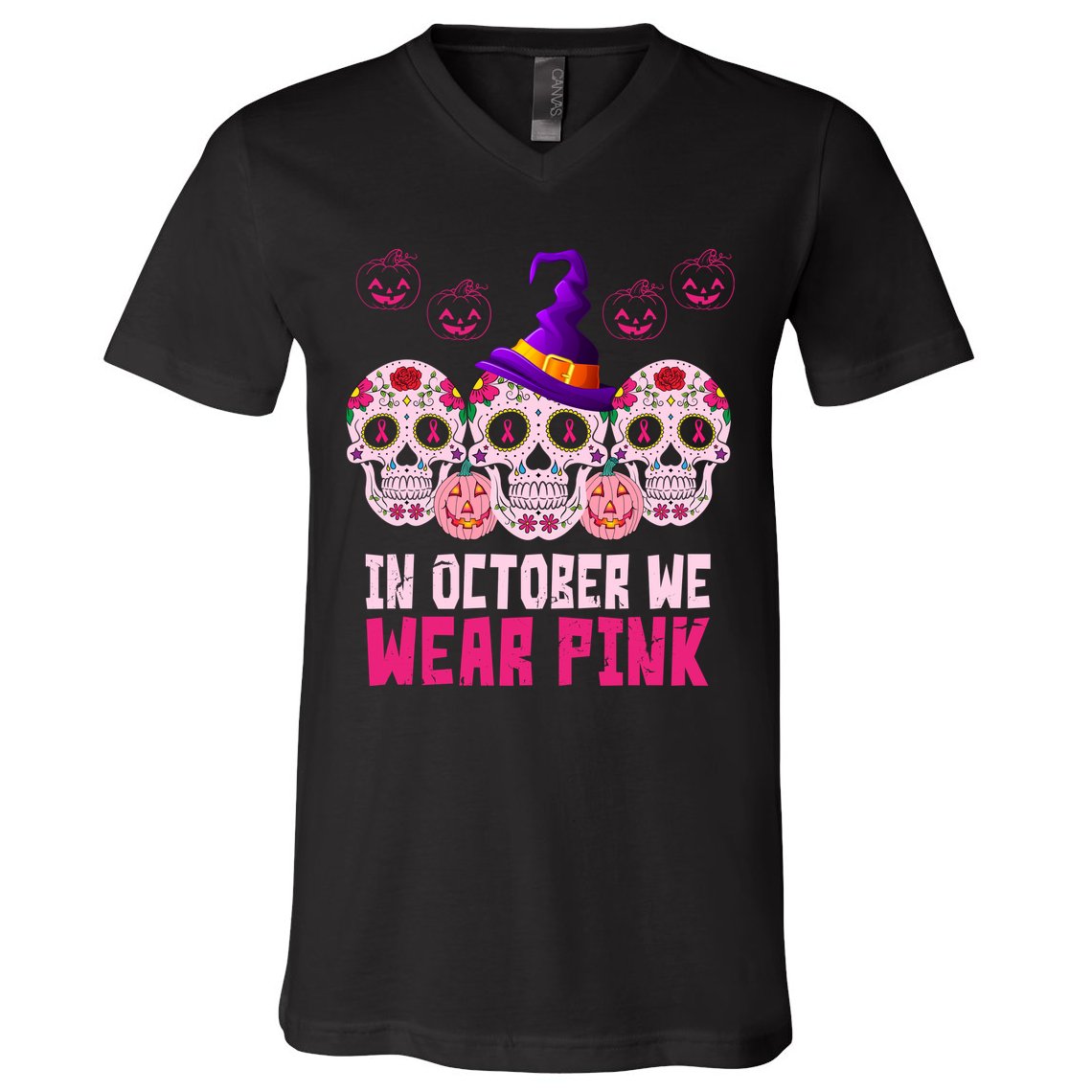In October We Wear Pink Day Of The Dead Skulls V-Neck T-Shirt