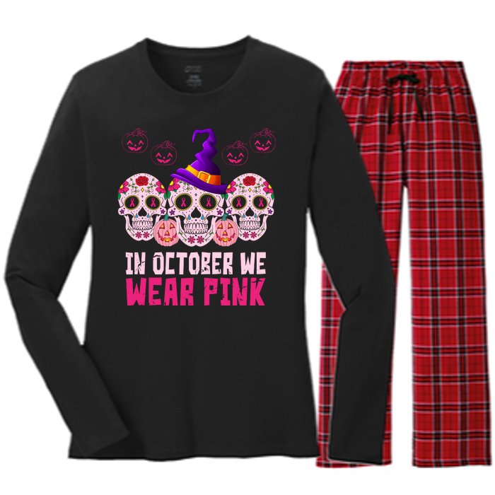 In October We Wear Pink Day Of The Dead Skulls Women's Long Sleeve Flannel Pajama Set 