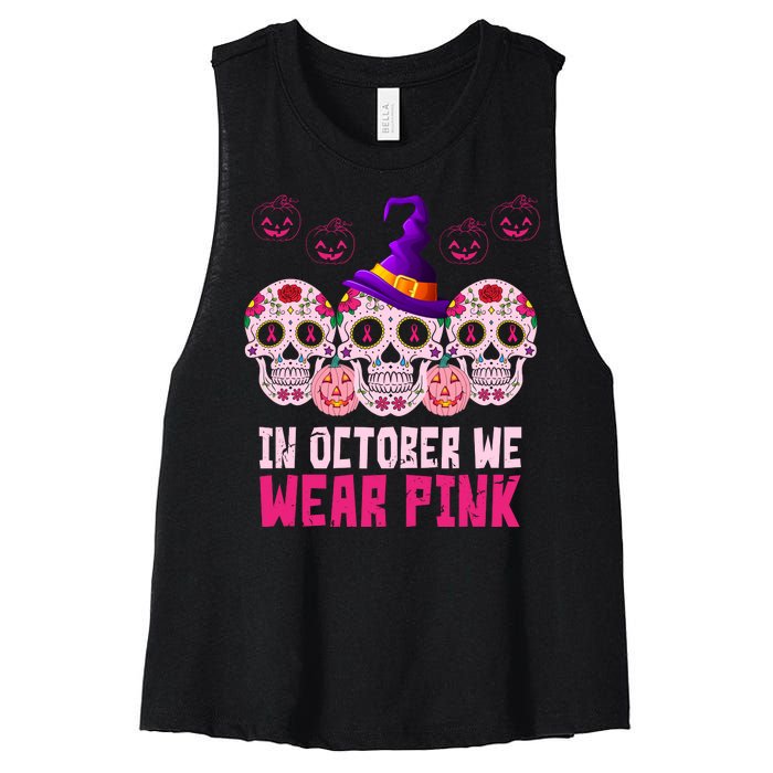 In October We Wear Pink Day Of The Dead Skulls Women's Racerback Cropped Tank