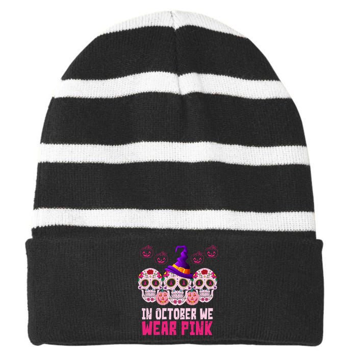 In October We Wear Pink Day Of The Dead Skulls Striped Beanie with Solid Band