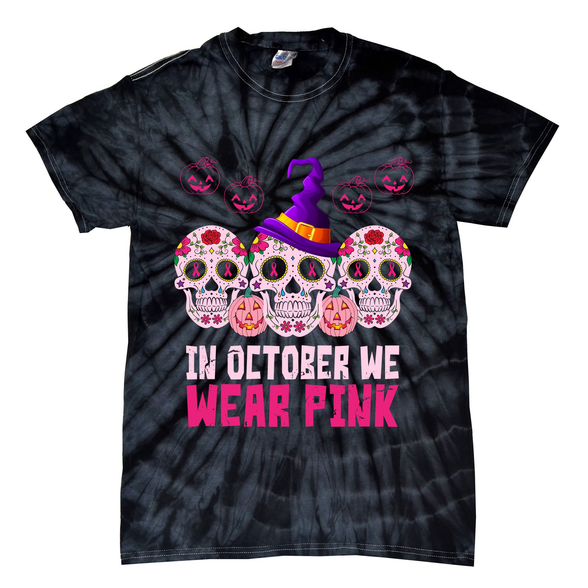 In October We Wear Pink Day Of The Dead Skulls Tie-Dye T-Shirt