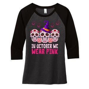 In October We Wear Pink Day Of The Dead Skulls Women's Tri-Blend 3/4-Sleeve Raglan Shirt