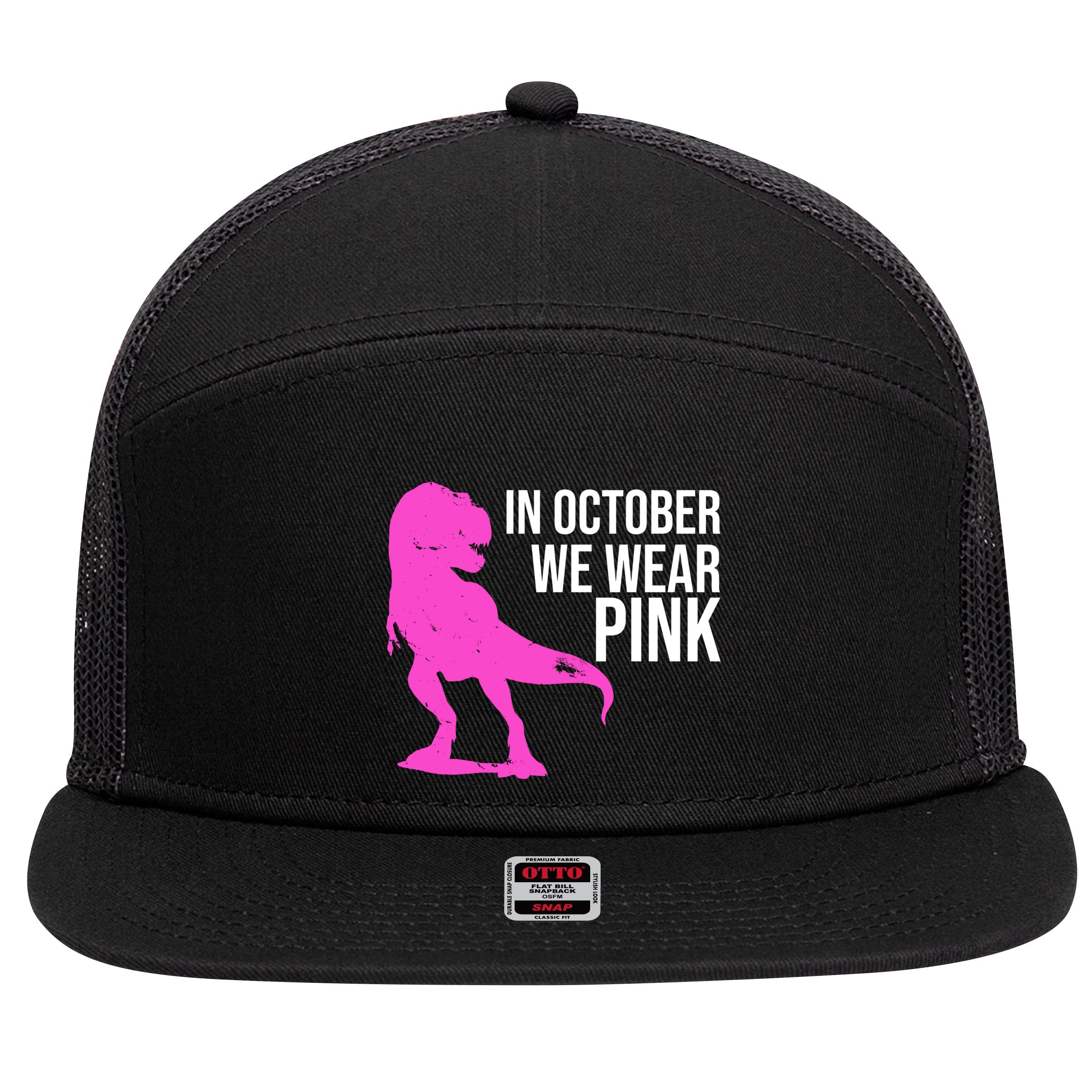 In October We Wear Pink Dinosaur T Rex 7 Panel Mesh Trucker Snapback Hat