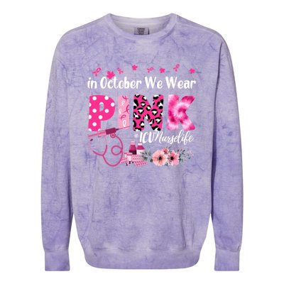 In October We Wear Icu Nurse Breast Cancer Awareness Cool Gift Colorblast Crewneck Sweatshirt