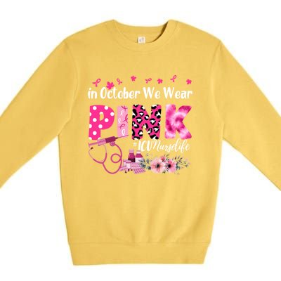 In October We Wear Icu Nurse Breast Cancer Awareness Cool Gift Premium Crewneck Sweatshirt