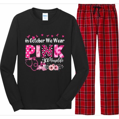 In October We Wear Icu Nurse Breast Cancer Awareness Cool Gift Long Sleeve Pajama Set