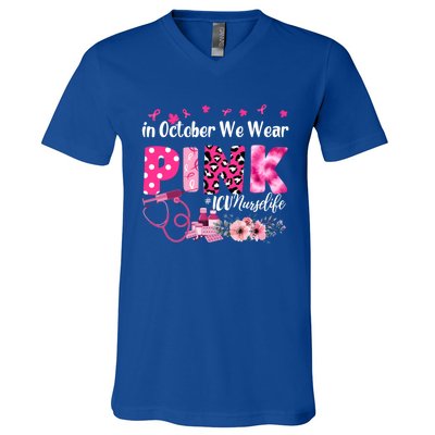 In October We Wear Icu Nurse Breast Cancer Awareness Cool Gift V-Neck T-Shirt