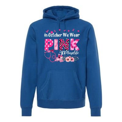 In October We Wear Icu Nurse Breast Cancer Awareness Cool Gift Premium Hoodie