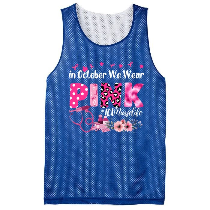 In October We Wear Icu Nurse Breast Cancer Awareness Cool Gift Mesh Reversible Basketball Jersey Tank