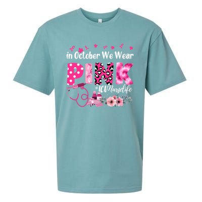 In October We Wear Icu Nurse Breast Cancer Awareness Cool Gift Sueded Cloud Jersey T-Shirt