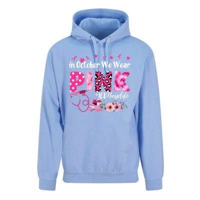 In October We Wear Icu Nurse Breast Cancer Awareness Cool Gift Unisex Surf Hoodie