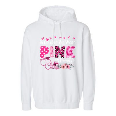 In October We Wear Icu Nurse Breast Cancer Awareness Cool Gift Garment-Dyed Fleece Hoodie