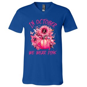 In October We Wear Pink Pumpkin Breast Cancer Awareness Cute V-Neck T-Shirt