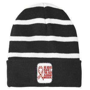 In October We Wear Red Ribbon Week Awareness Striped Beanie with Solid Band