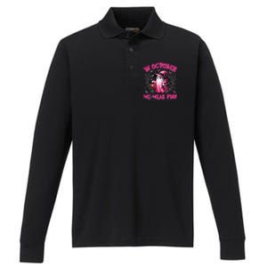 In October We Wear P.Ink Ghost Witch Breast Cancer Awareness Gift Performance Long Sleeve Polo