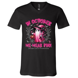 In October We Wear P.Ink Ghost Witch Breast Cancer Awareness Gift V-Neck T-Shirt