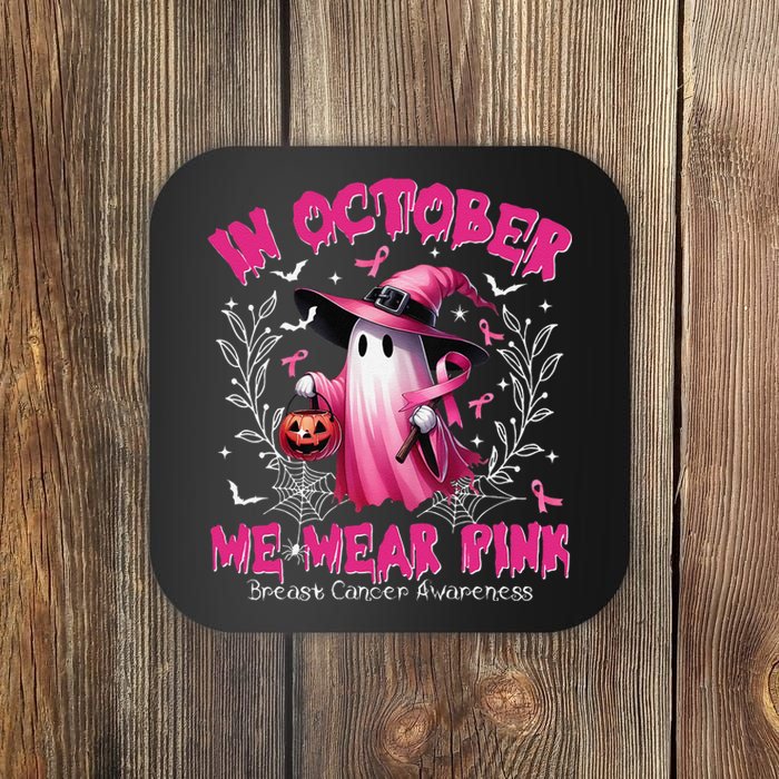 In October We Wear P.Ink Ghost Witch Breast Cancer Awareness Gift Coaster