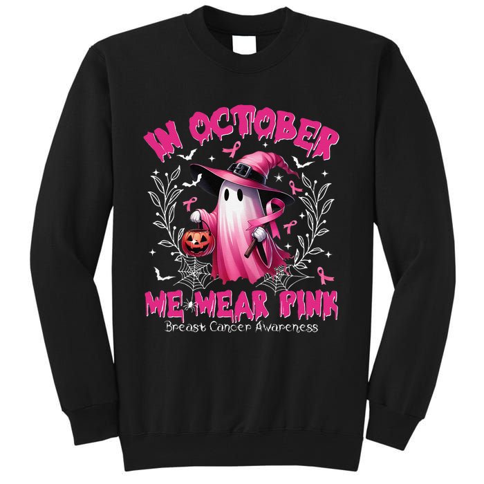 In October We Wear P.Ink Ghost Witch Breast Cancer Awareness Gift Tall Sweatshirt