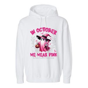 In October We Wear P.Ink Ghost Witch Breast Cancer Awareness Gift Garment-Dyed Fleece Hoodie