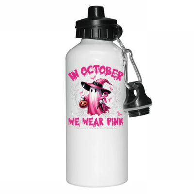 In October We Wear P.Ink Ghost Witch Breast Cancer Awareness Gift Aluminum Water Bottle