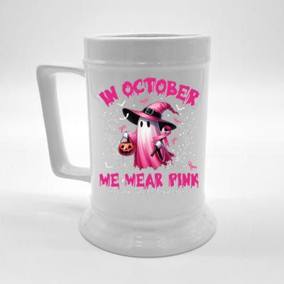 In October We Wear P.Ink Ghost Witch Breast Cancer Awareness Gift Beer Stein