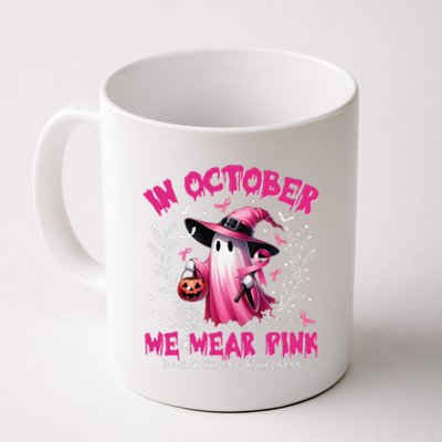 In October We Wear P.Ink Ghost Witch Breast Cancer Awareness Gift Coffee Mug