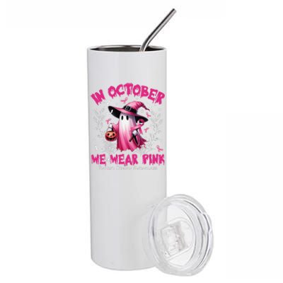 In October We Wear P.Ink Ghost Witch Breast Cancer Awareness Gift Stainless Steel Tumbler