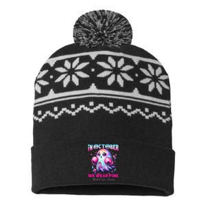 In October We Wear P.Ink Ghost Witch Breast Cancer Awareness Gift USA-Made Snowflake Beanie