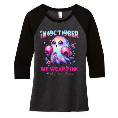 In October We Wear P.Ink Ghost Witch Breast Cancer Awareness Gift Women's Tri-Blend 3/4-Sleeve Raglan Shirt