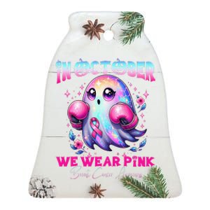 In October We Wear P.Ink Ghost Witch Breast Cancer Awareness Gift Ceramic Bell Ornament