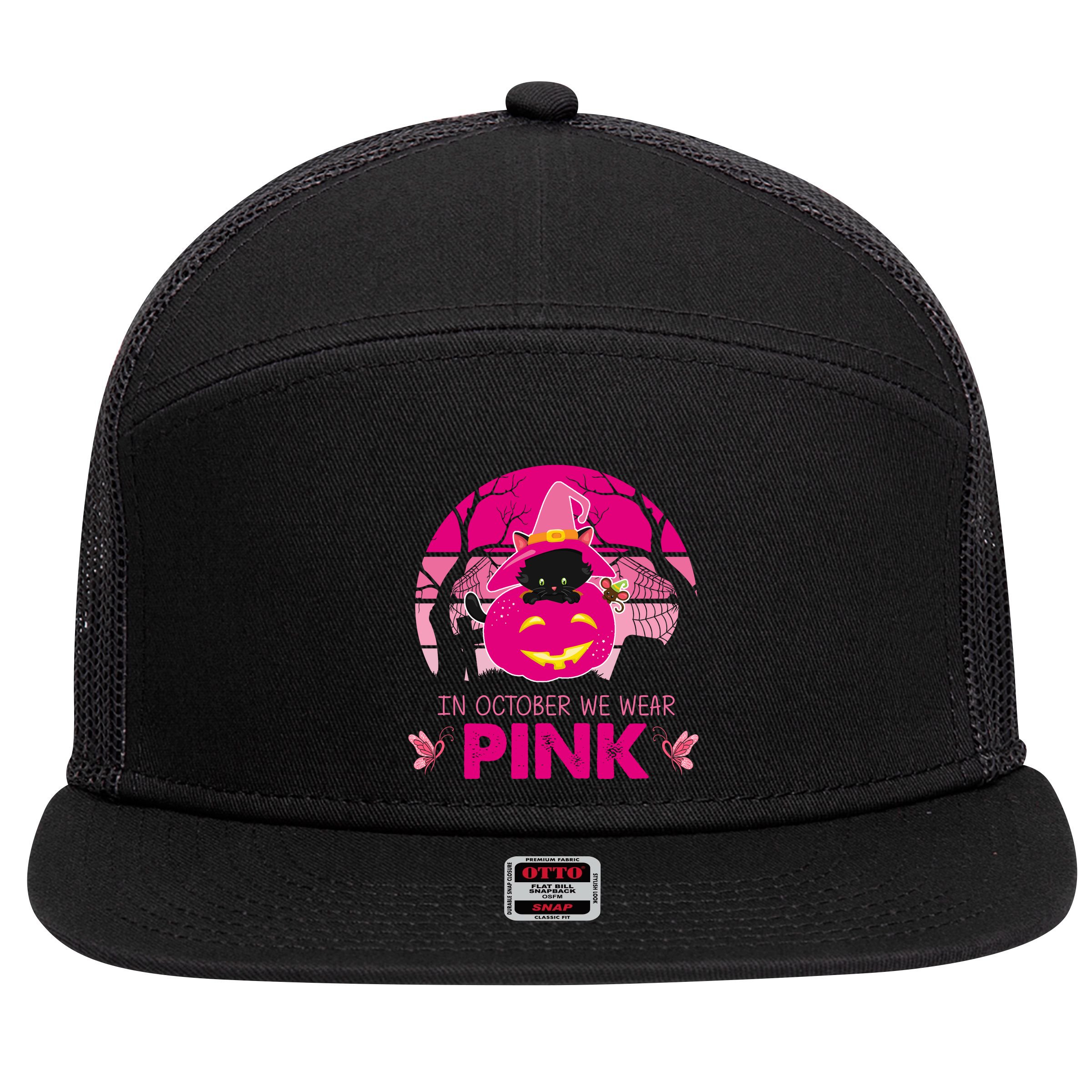 In October We Wear Pink Dinosaur Cat Witch 7 Panel Mesh Trucker Snapback Hat
