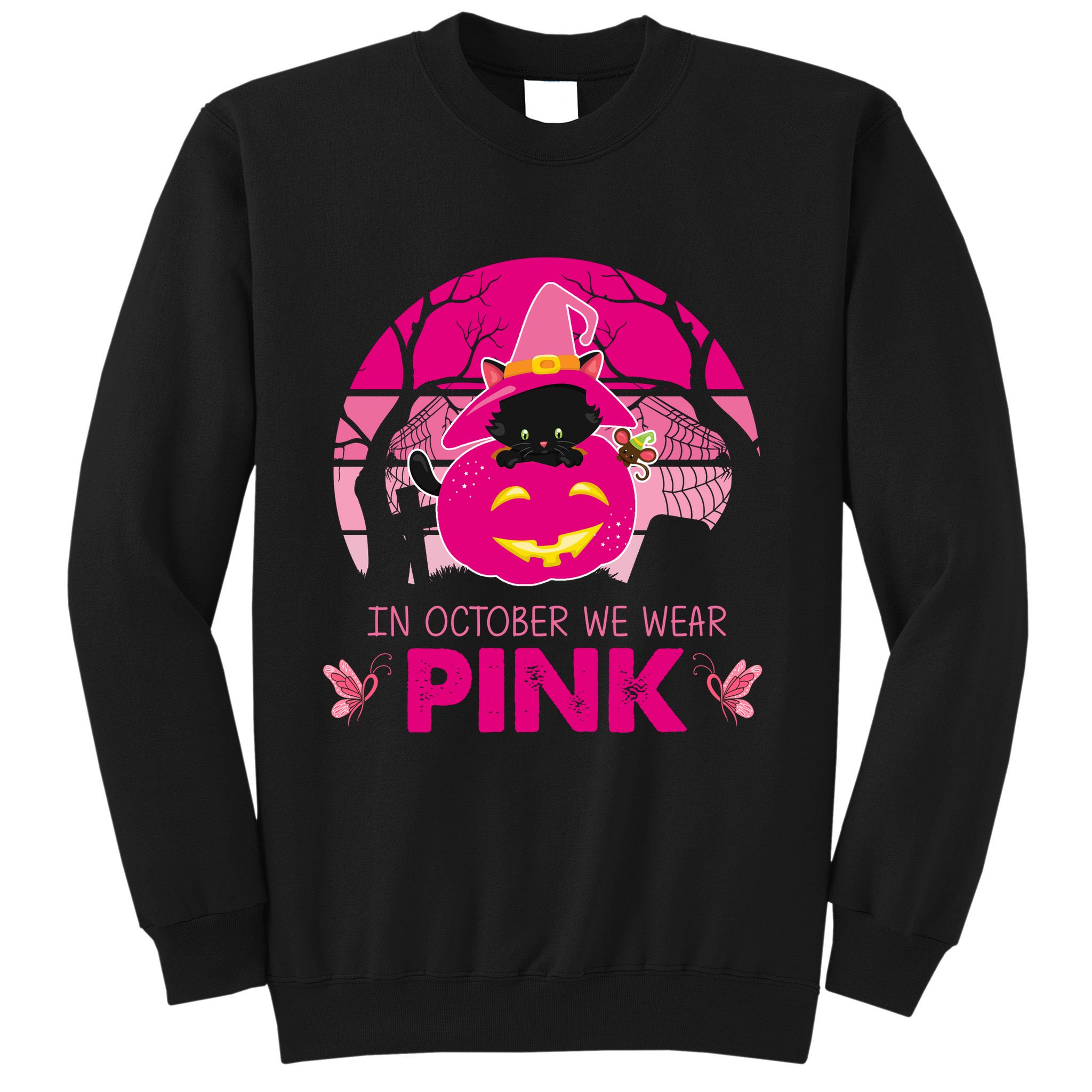 In October We Wear Pink Dinosaur Cat Witch Sweatshirt