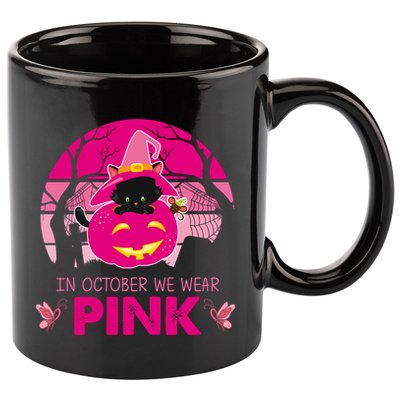 In October We Wear Pink Dinosaur Cat Witch 11oz C Handle Ceramic Mug