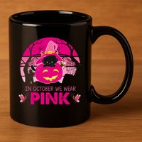 In October We Wear Pink Dinosaur Cat Witch 11oz C Handle Ceramic Mug