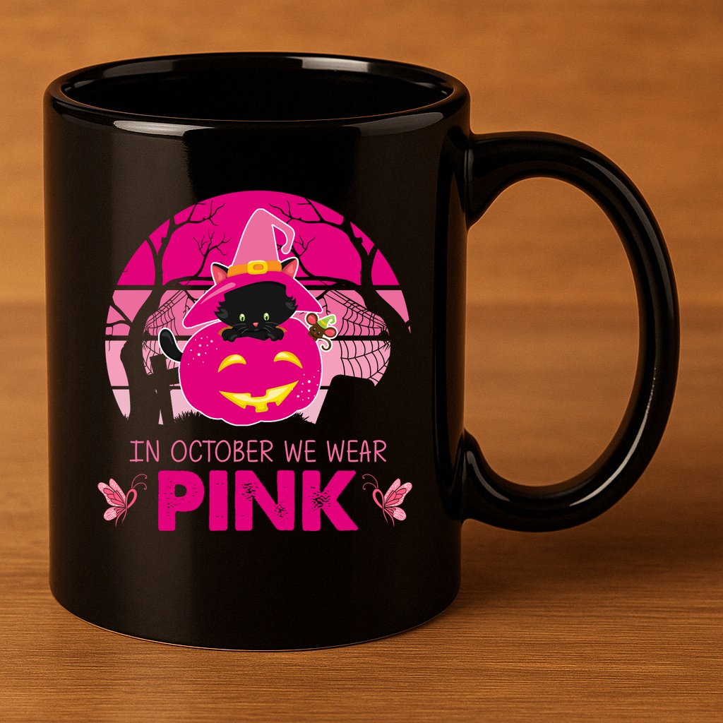 In October We Wear Pink Dinosaur Cat Witch 11oz C Handle Ceramic Mug