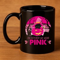 In October We Wear Pink Dinosaur Cat Witch 11oz C Handle Ceramic Mug