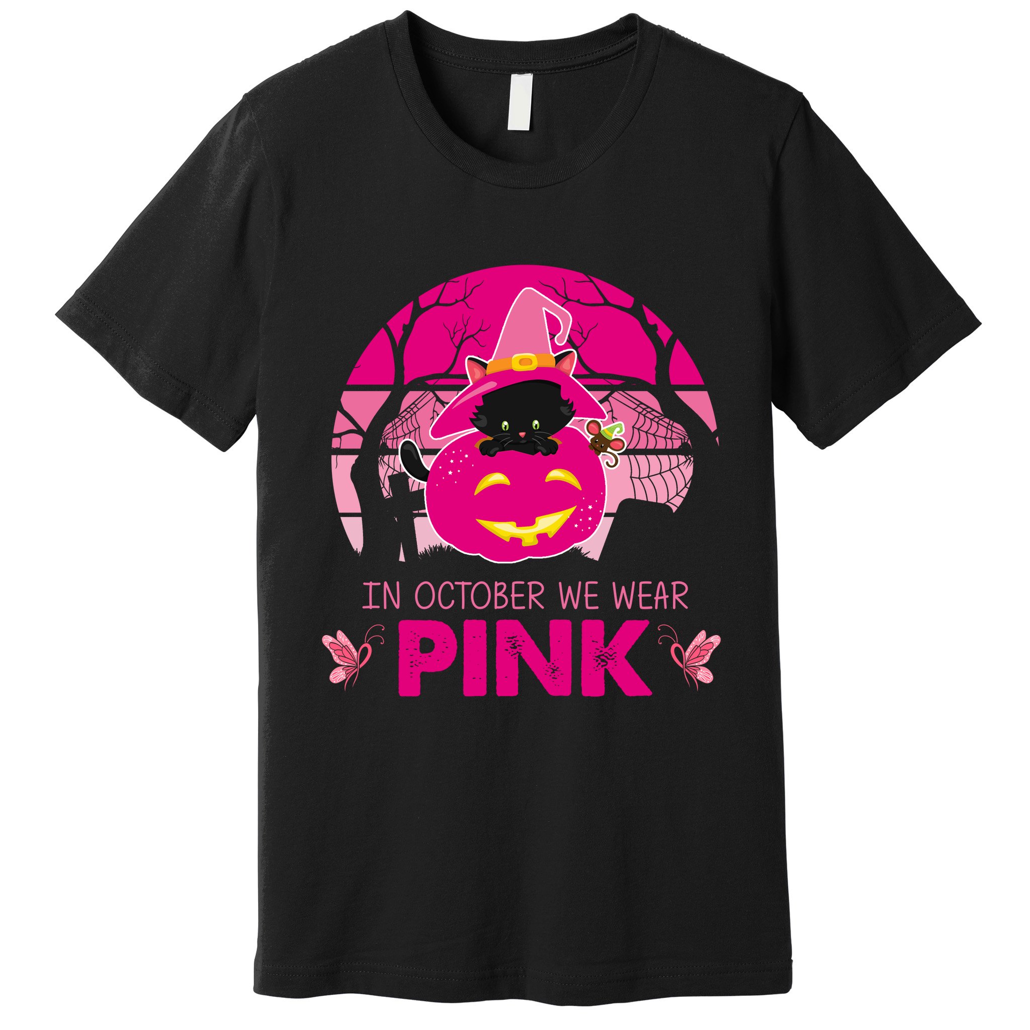 In October We Wear Pink Dinosaur Cat Witch Premium T-Shirt