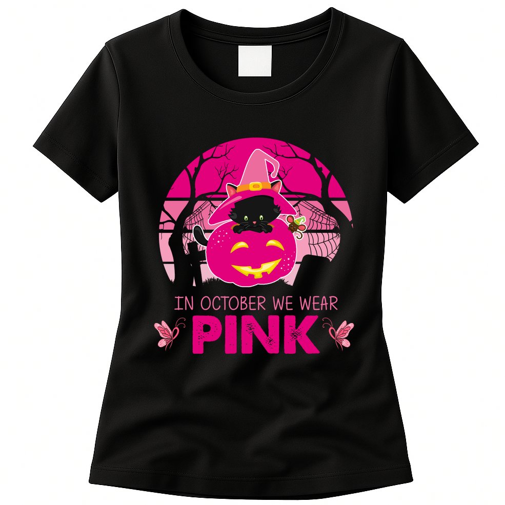 In October We Wear Pink Dinosaur Cat Witch Womens T-Shirt