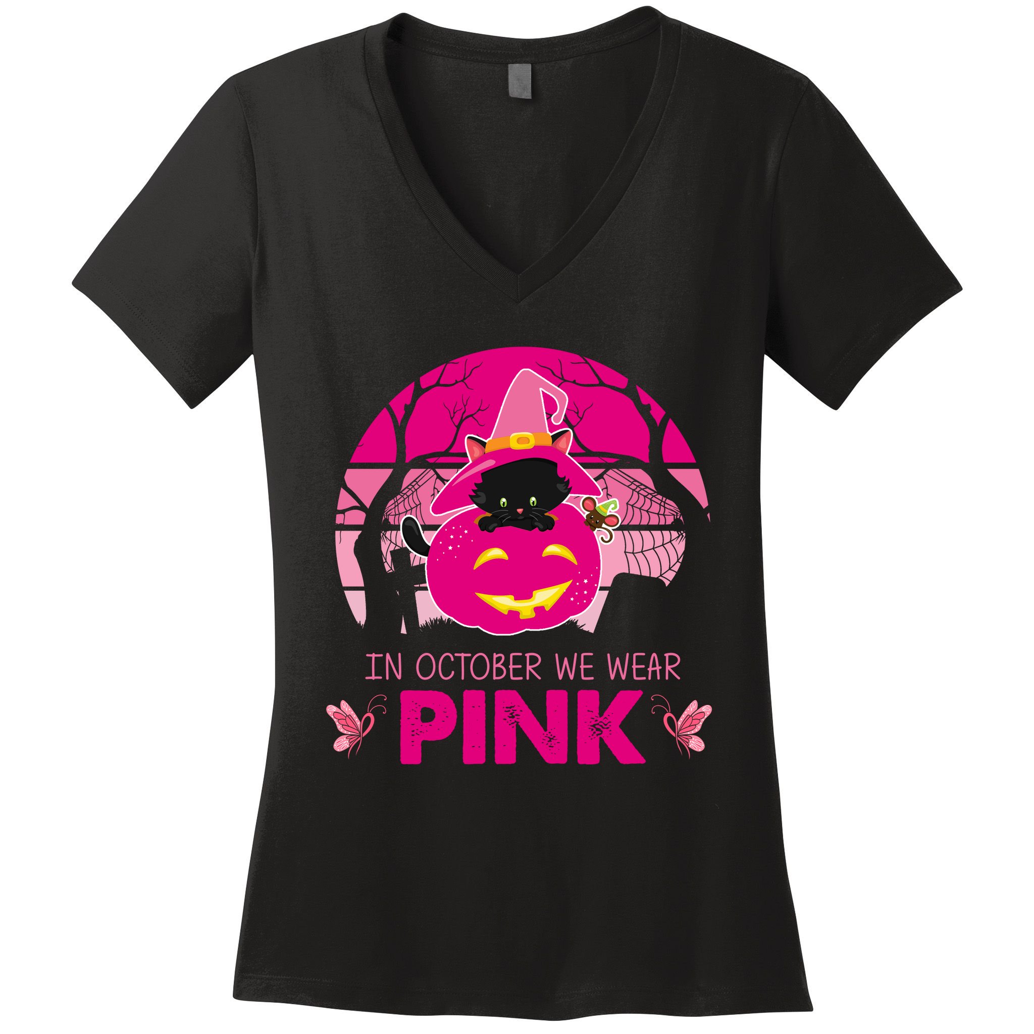 In October We Wear Pink Dinosaur Cat Witch Women's V-Neck T-Shirt