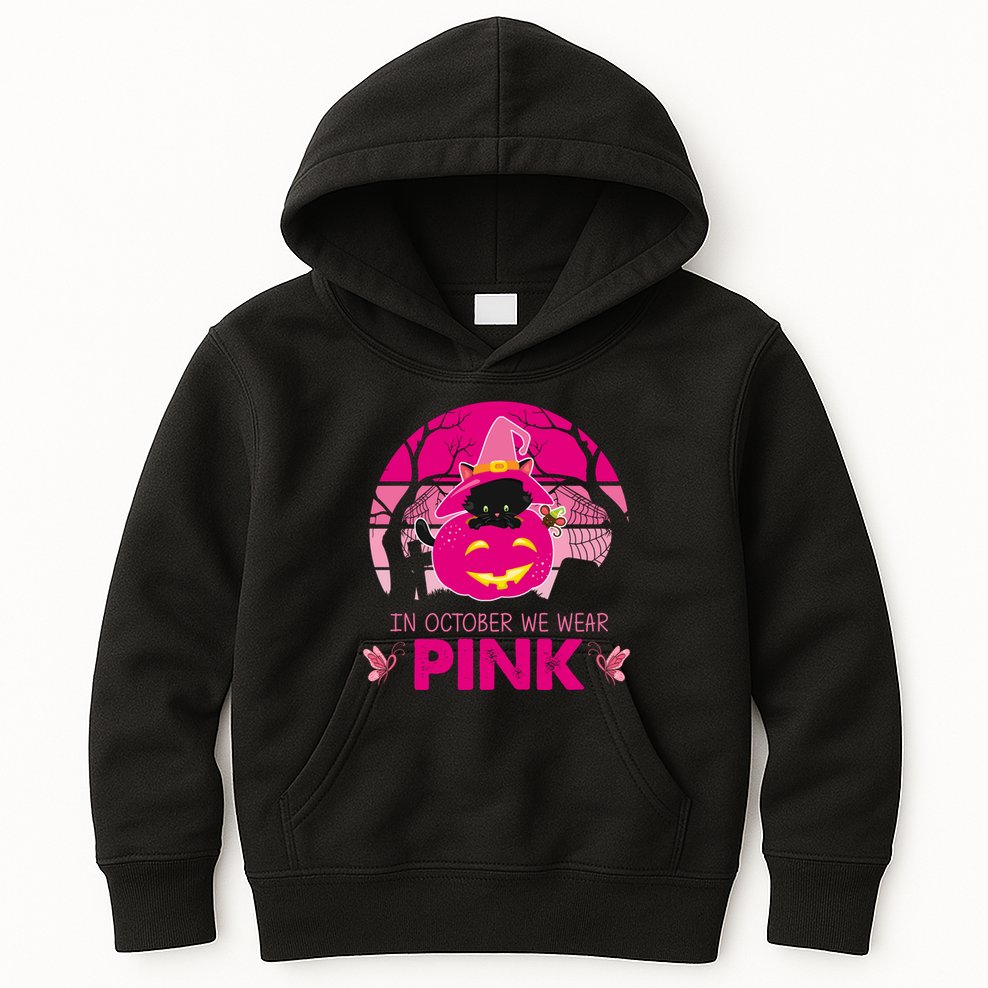 In October We Wear Pink Dinosaur Cat Witch Kids Hoodie