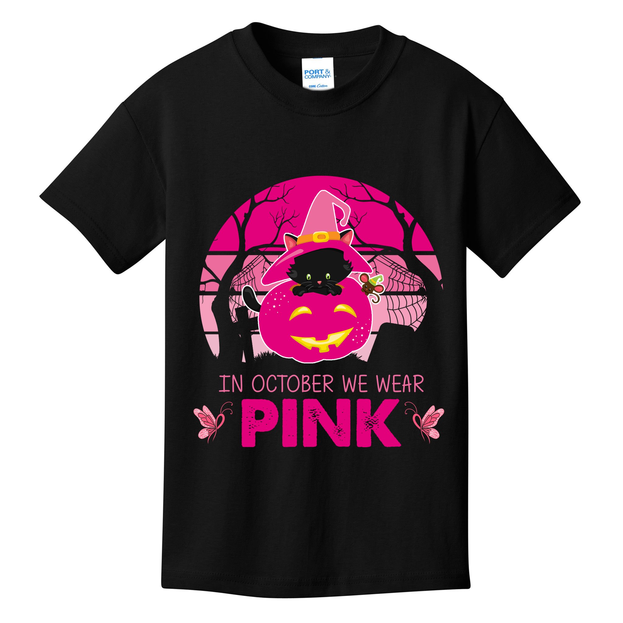 In October We Wear Pink Dinosaur Cat Witch Kids T-Shirt