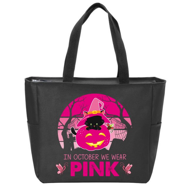 In October We Wear Pink Dinosaur Cat Witch Zip Tote Bag
