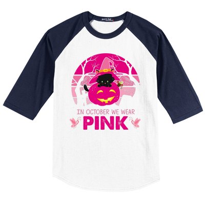 In October We Wear Pink Dinosaur Cat Witch Baseball Sleeve Shirt