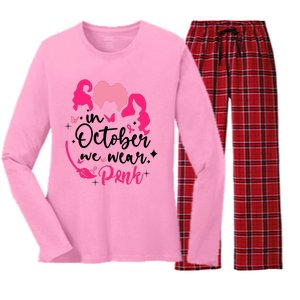 In October We Wear Pink Ribbon Witch Halloween Breast Cancer Women's Long Sleeve Flannel Pajama Set 