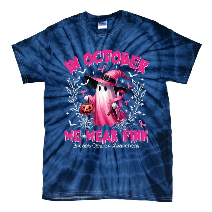 In October We Wear Ghost Witch Breast Cancer Awareness Tie-Dye T-Shirt