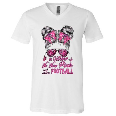 In October We Wear Pink And Watch Football Breast Cancer V-Neck T-Shirt