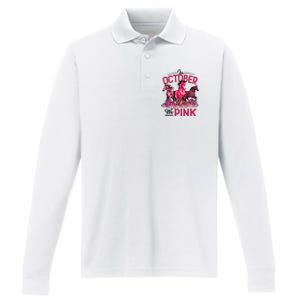 In October We Wear Pink Horse Leopard Pumpkin Breast Cancer Performance Long Sleeve Polo