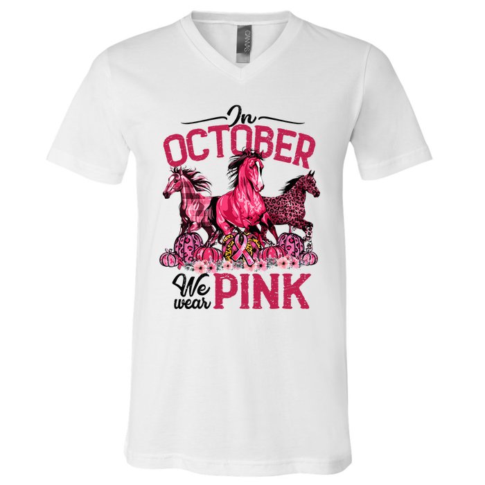 In October We Wear Pink Horse Leopard Pumpkin Breast Cancer V-Neck T-Shirt