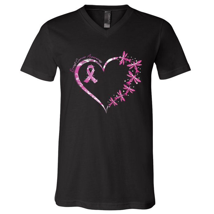 In October We Wear Pink Breast Cancer Awareness Dragonfly V-Neck T-Shirt